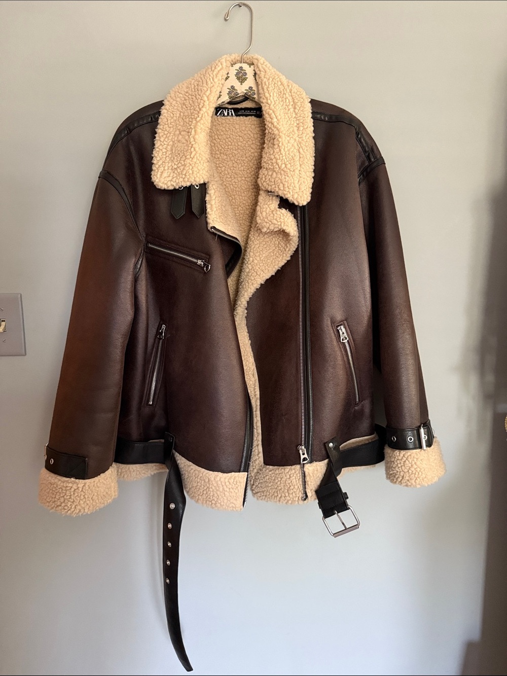 Zara Brown Faux Leather Shearling Aviator Jacket with Light Tan Trim
